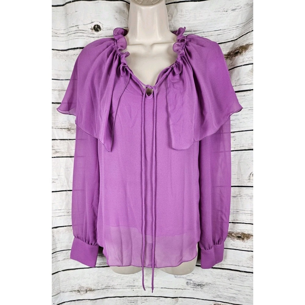 See by Chloe Purple Chiffon Sheer Top Blouse 34 Peasant Tie Ruffle NEW Romantic